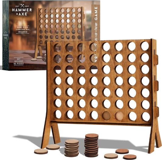 Hammer + Axe Tabletop 4 in a Row Wooden Gaming Set, Classic Board Game Collection, Stylish Natural Wood, Vintage Design