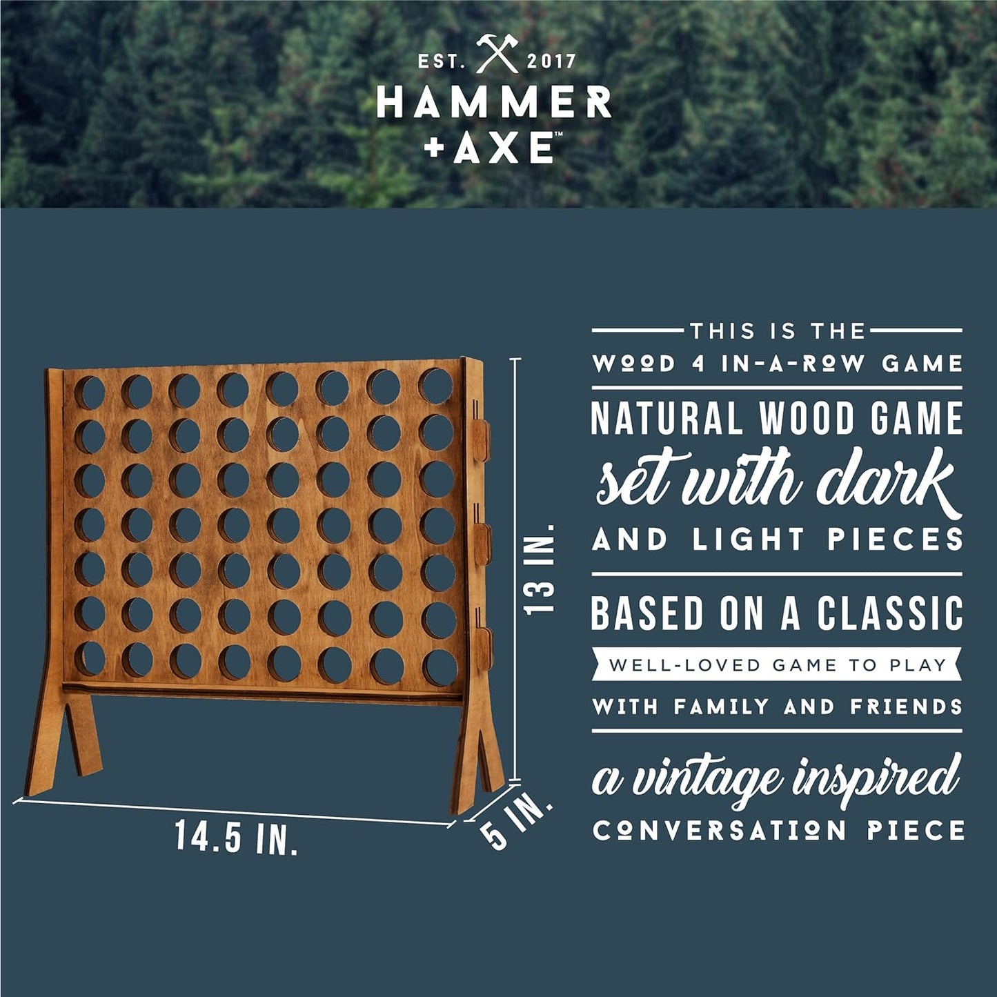 Hammer + Axe Tabletop 4 in a Row Wooden Gaming Set, Classic Board Game Collection, Stylish Natural Wood, Vintage Design